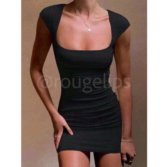 Black Mini Dress Slim Fit Cap Sleeve Short - Picture 1 of 12